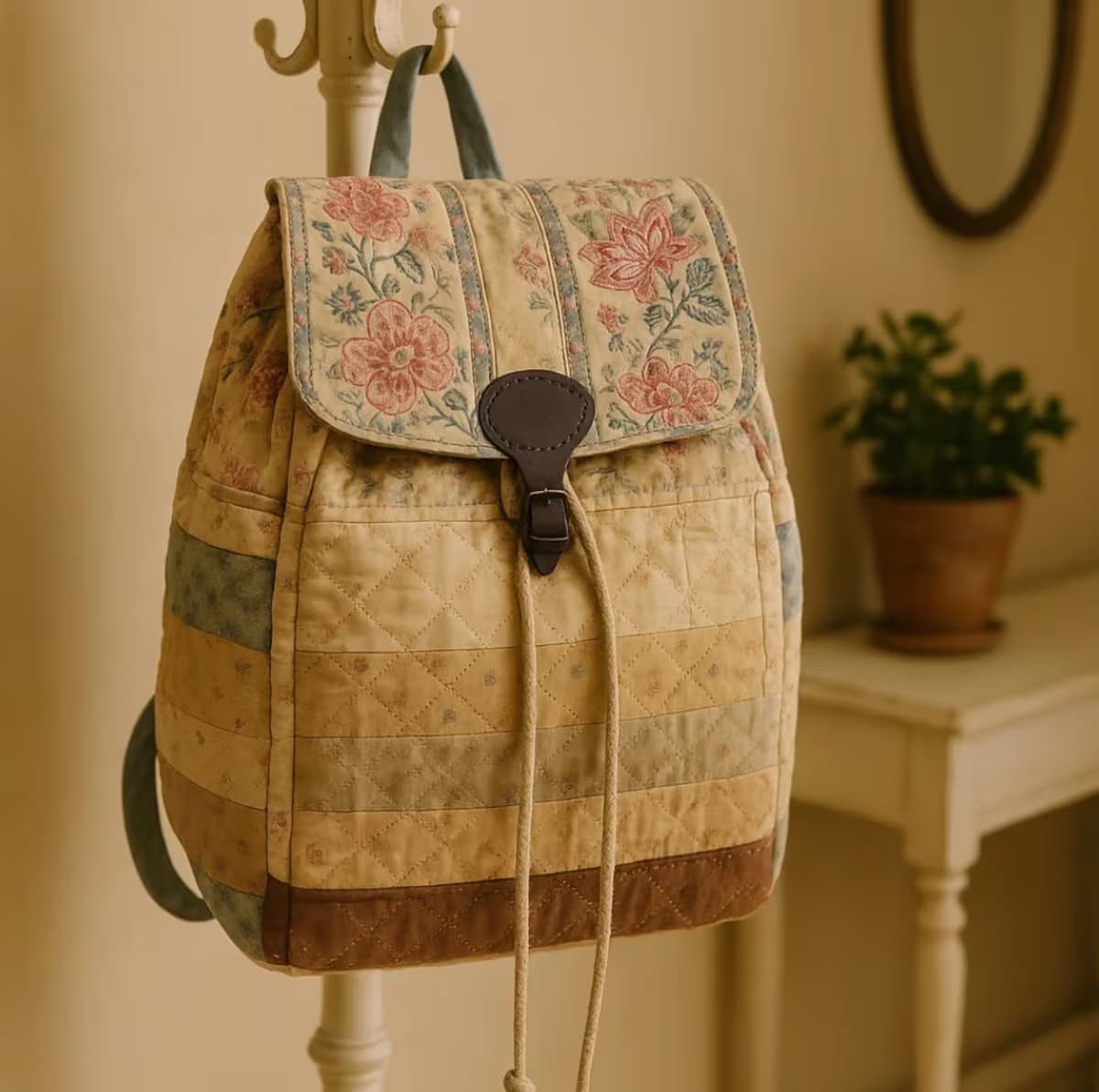 Mochila artesanal, confeccionada con telas de patchwork